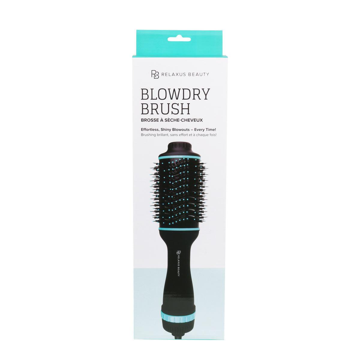 Blowdry Brush in packaging, lightweight hair dryer brush for salon-quality results at home, featuring adjustable speed and temperature.
