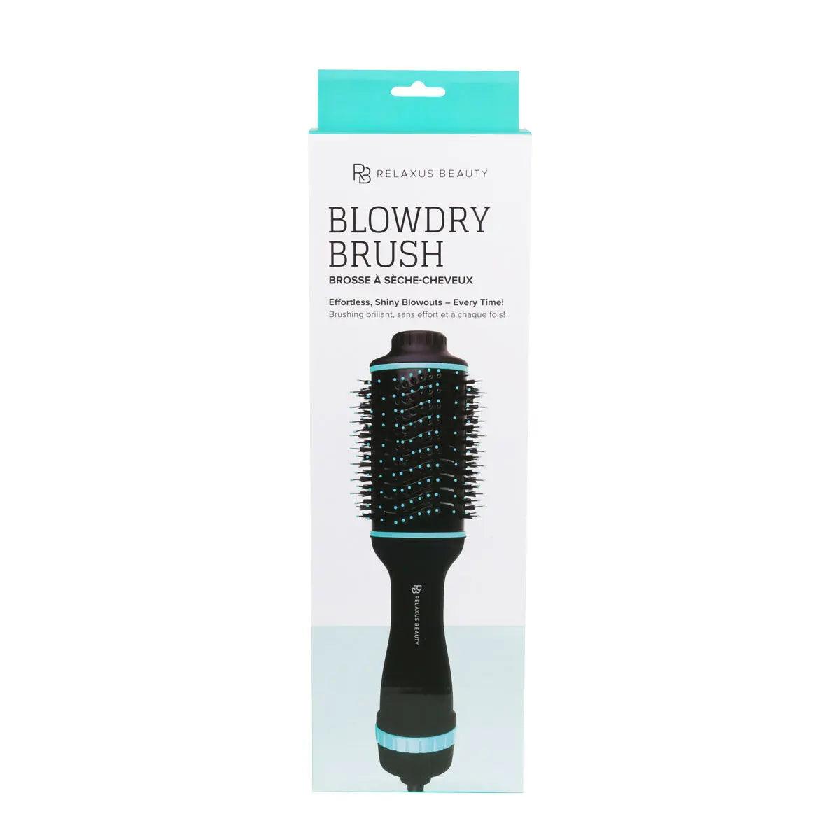 Relaxus Beauty Blowdry Brush packaging, featuring a versatile hair dryer brush for quick, salon-quality styling results.