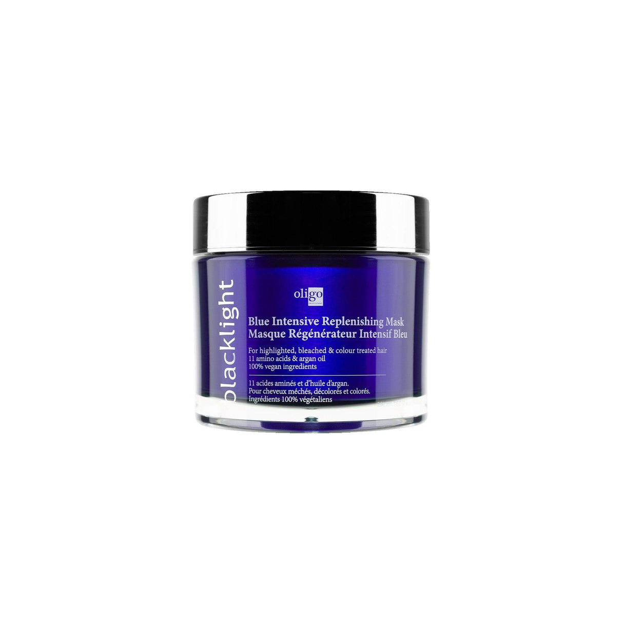Blue Intensive Replenishing Mask jar with amino acids and argan oil for hydrating and strengthening blonde hair.