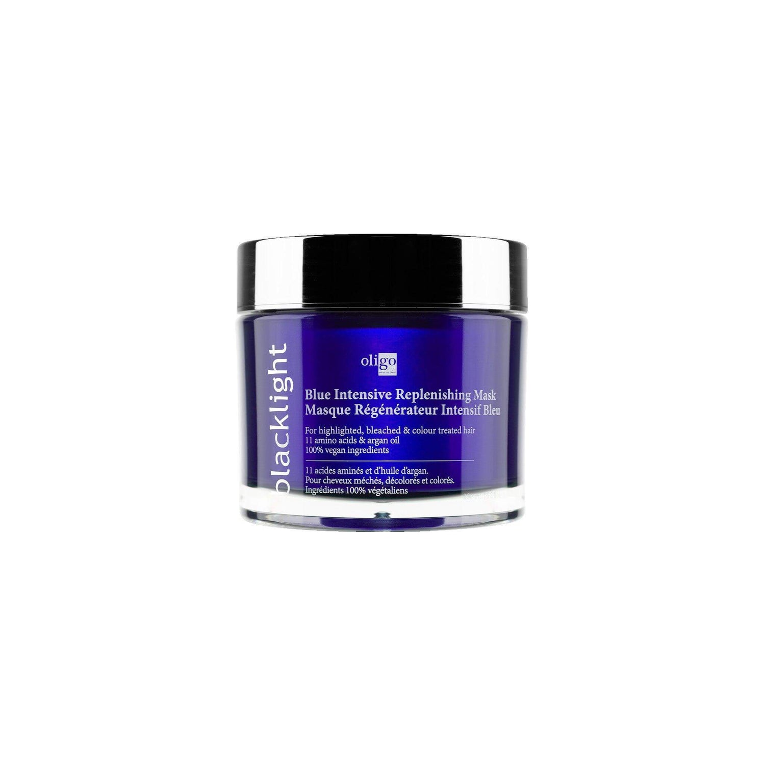 Blue Intensive Replenishing Mask jar with amino acids and argan oil for hydrating and strengthening blonde hair.