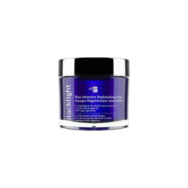 Blue Intensive Replenishing Mask jar with amino acids and argan oil for hydrating and strengthening blonde hair.