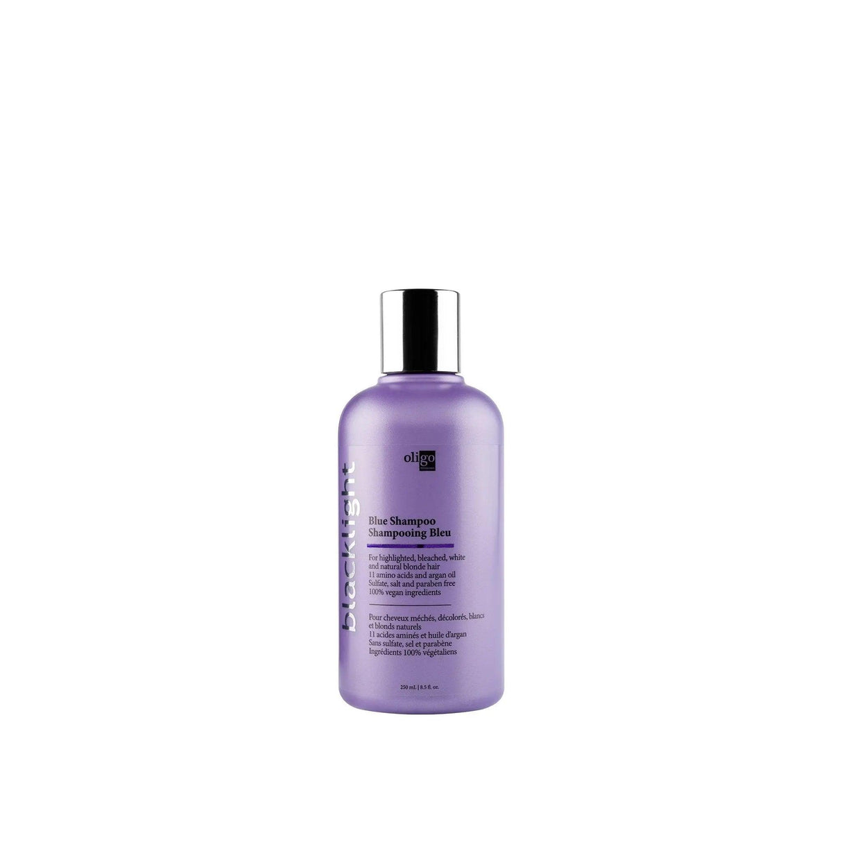 Blacklight Blue Shampoo for blonde hair, reduces brassiness, enhances shine with amino acids and argan oil, 250ml bottle.