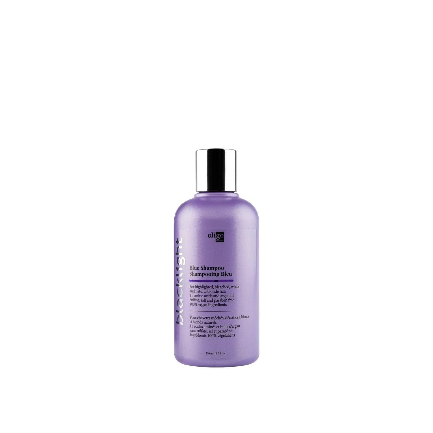 Blacklight Blue Shampoo for blonde hair, reduces brassiness, enhances shine with amino acids and argan oil, 250ml bottle.