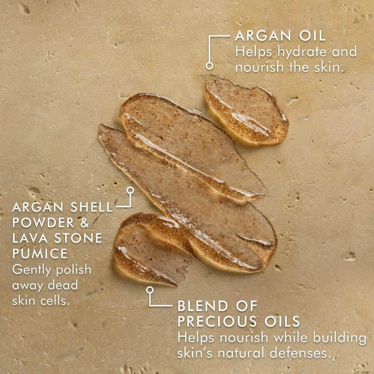 Moroccanoil Body Polishing Scrub with argan oil, shell powder, and lava stone pumice for exfoliating and hydrating skin.
