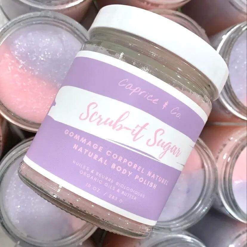 Alt Tag: Scrub-it Sugar body scrub with bubblegum scent, enriched with organic coconut oil and shea butter, 10oz jar.