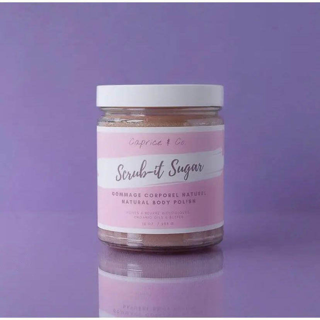 Campino Strawberry Milkshake Body Scrub 10oz jar with natural ingredients, featuring organic coconut oil and shea butter on purple background.