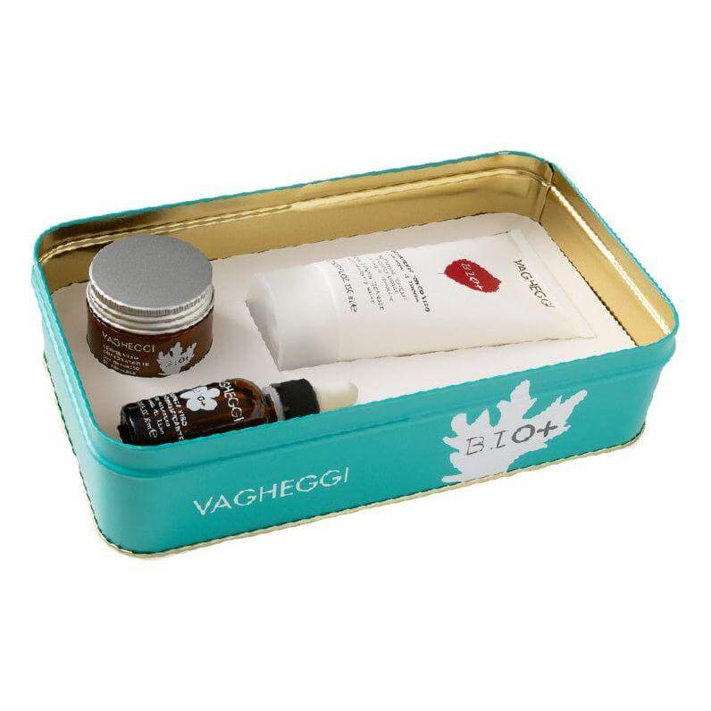 Vagheggi Bio+ Hydratant Set with moisturizer, serum, and cream in a teal box featuring natural skincare essentials.