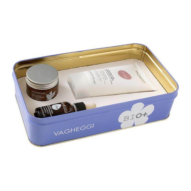 Boîtier Bio+ Nourrissant set with 24-hour moisturizer, absinthe extract, raspberry water in a decorative tin box