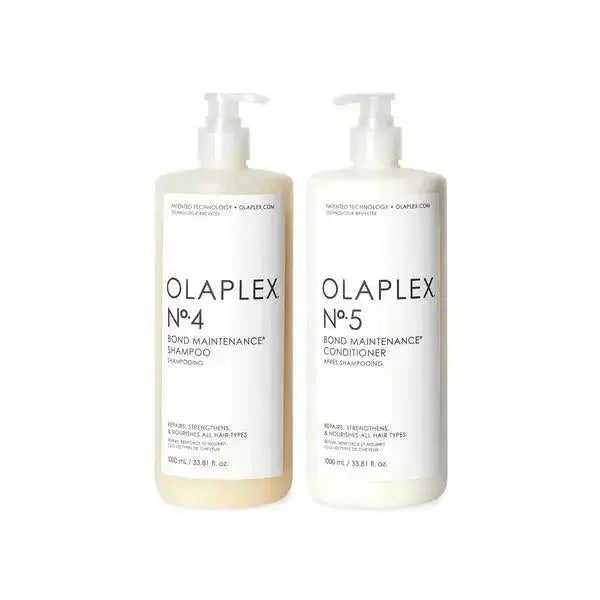 Olaplex Bond Maintenance Shampoo and Conditioner set enhances hair shine, manageability, and health with restorative formula.