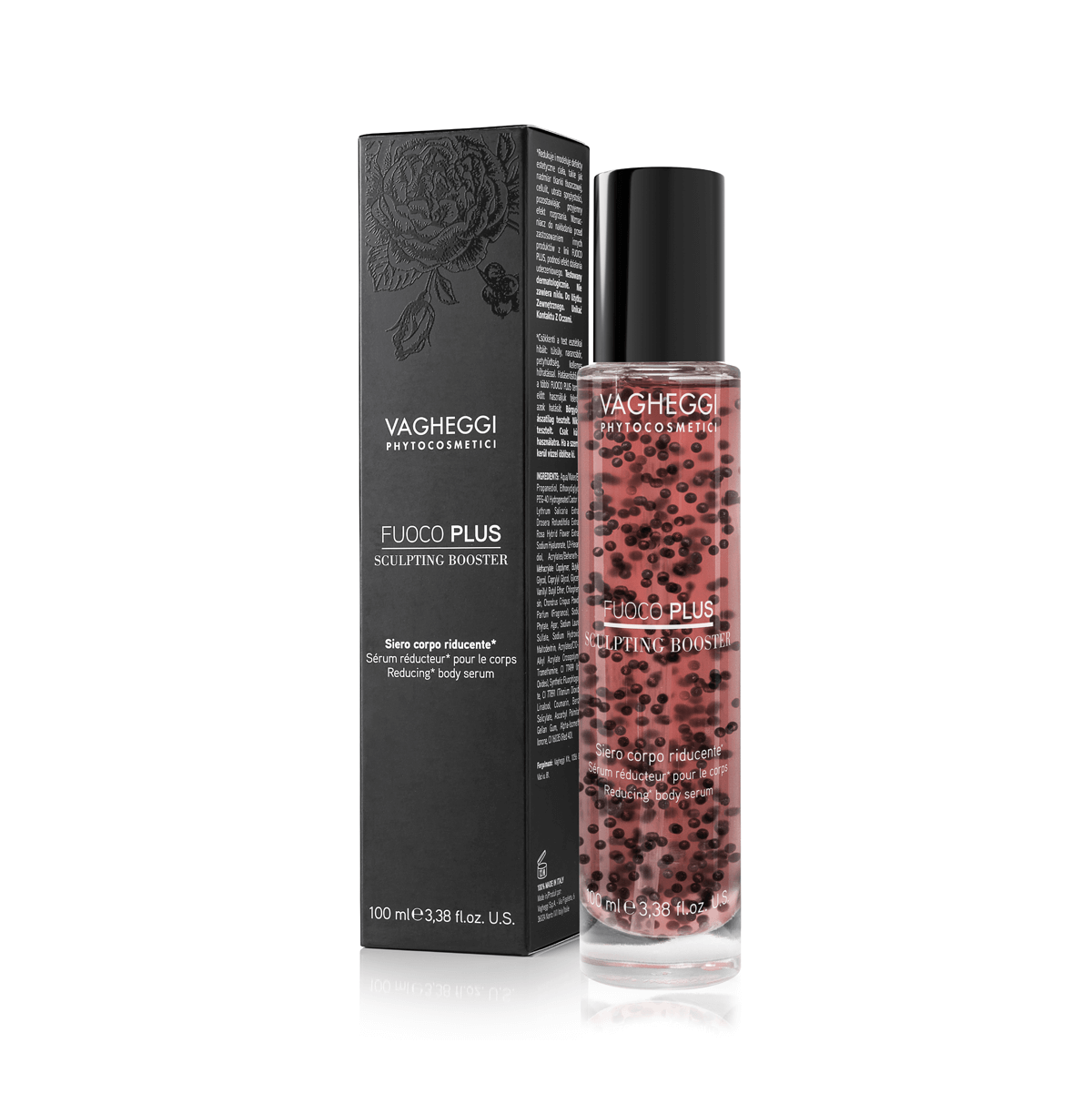 Fuoco Plus Sculpting Booster bottle next to packaging, minimizes body imperfections and enhances skin elasticity with thermo-sensory technology.