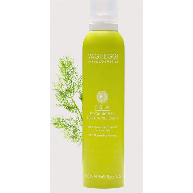 Boue En Mousse Tonifiante Sikelia with dill extract and vitamin E, nourishing shea butter, clay for body revitalization in green bottle.