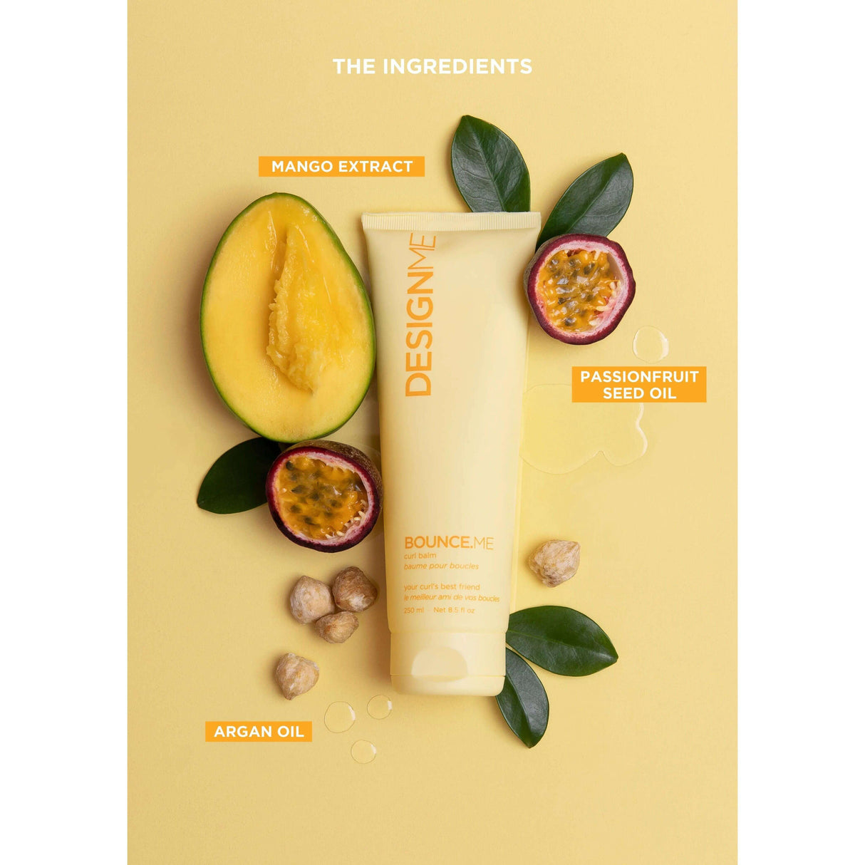 Bounce.Me Curl Balm with ingredients like mango extract, argan oil, and passionfruit seed oil on a yellow background.