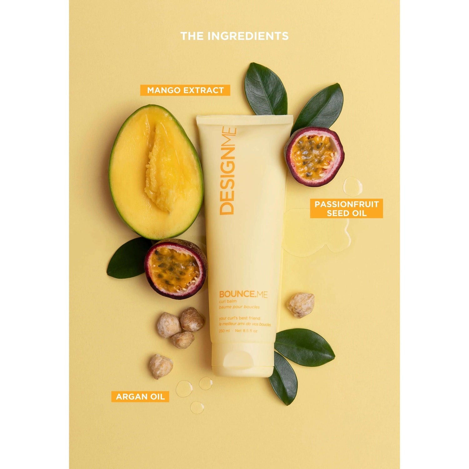 Bounce.Me Curl Balm with ingredients like mango extract, argan oil, and passionfruit seed oil on a yellow background.