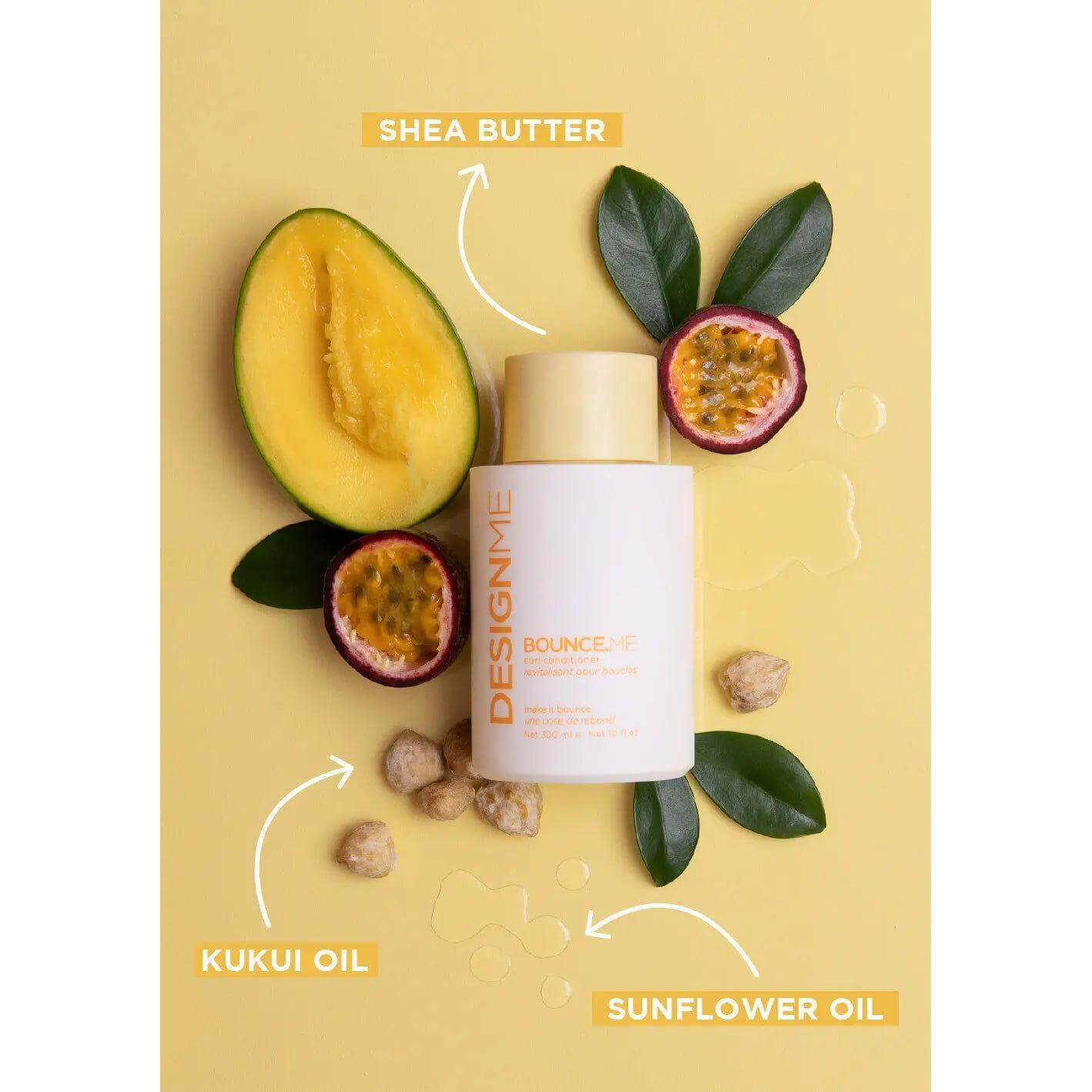 Bounce.Me Curl Conditioner bottle with natural ingredients: shea butter, kukui oil, sunflower oil, and mango on a yellow background.