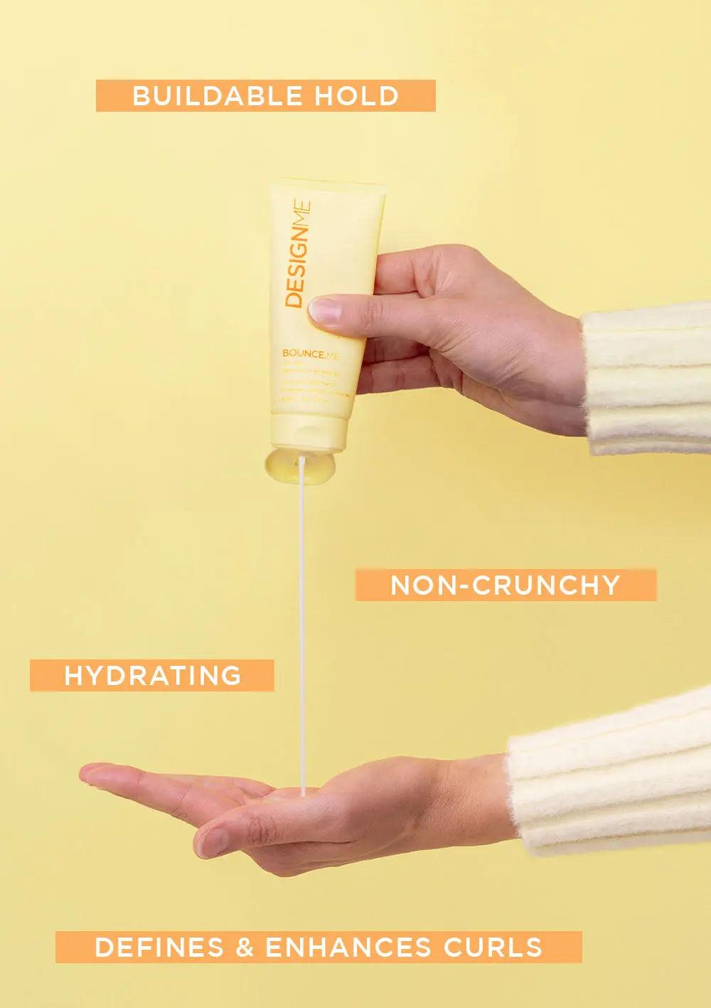 Person squeezing curl balm from a tube with labels: buildable hold, hydrating, non-crunchy, defines & enhances curls.