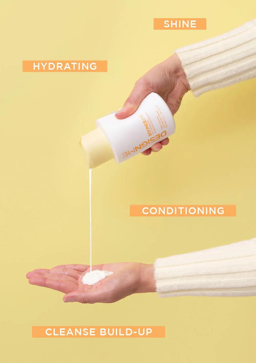 Person pouring DESIGN.ME hair product emphasizing hydrating, conditioning, shine, and cleanse build-up benefits.