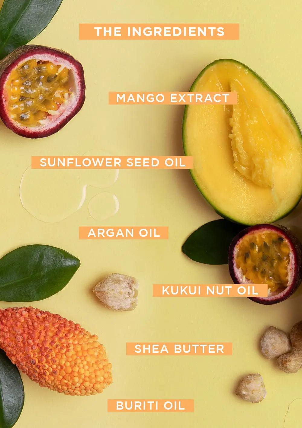 Ingredients of BOUNCE.ME Curl Glitz Kit: mango extract, sunflower seed oil, argan oil, kukui nut oil, shea butter, buriti oil.