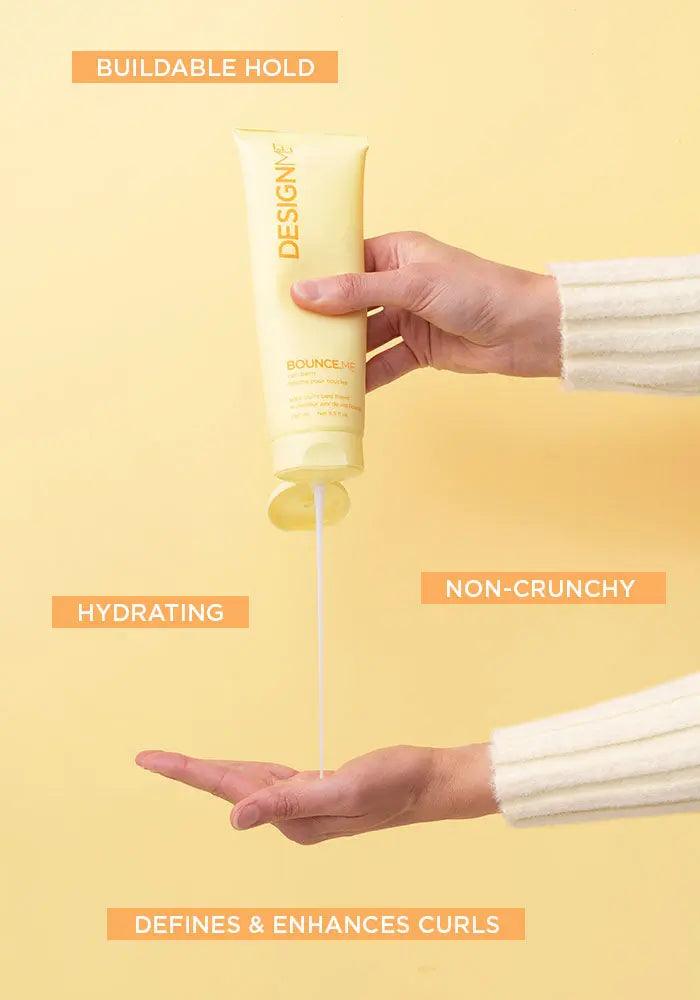 Person applying Bounce.Me curl balm, highlighting its buildable hold, hydrating properties, non-crunchy texture, and curl enhancement.