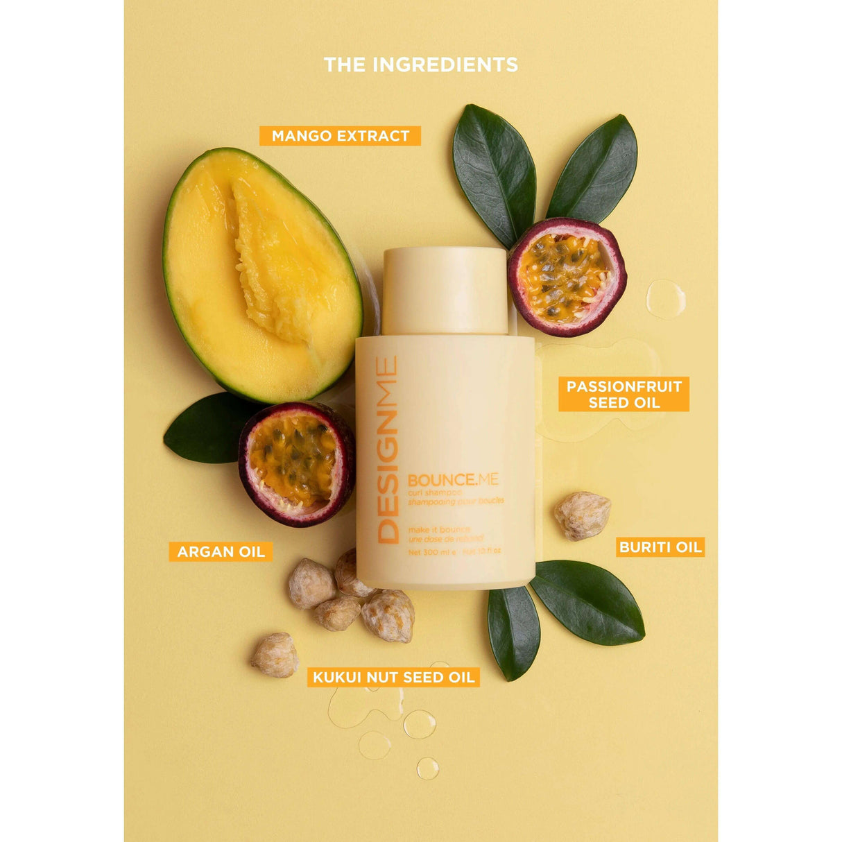 Image of Bounce.Me Curl Shampoo with key ingredients: mango extract, kukui nut seed oil, buriti oil, passionfruit seed oil, and argan oil.