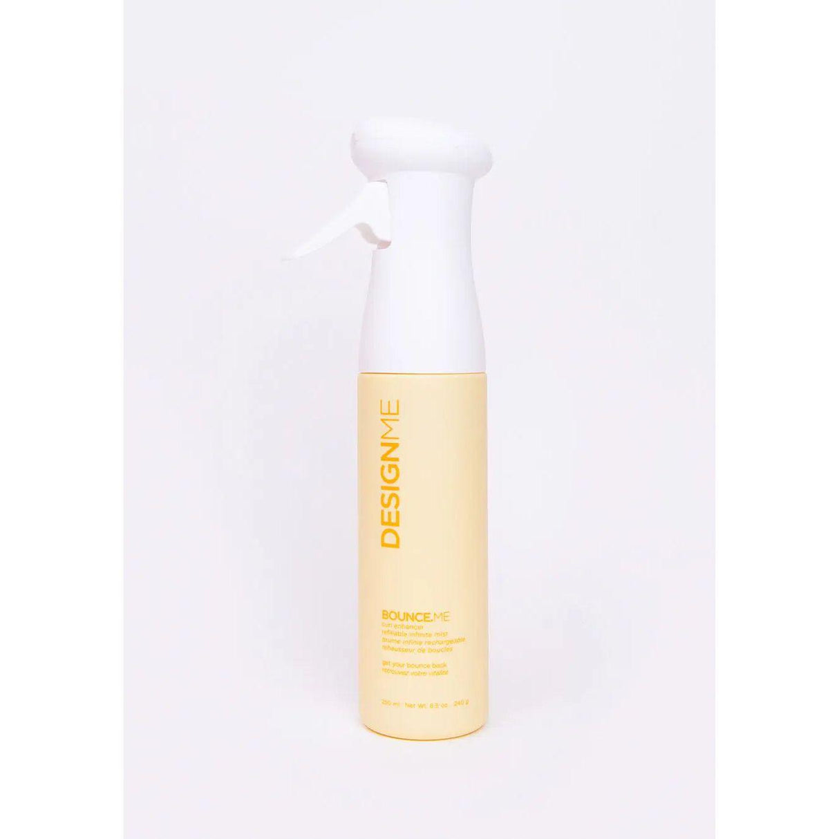Bounce.Me Infinite Mist Curl Enhancer Spray for defined curls, frizz control, and strong, healthy hair. Spray bottle image.