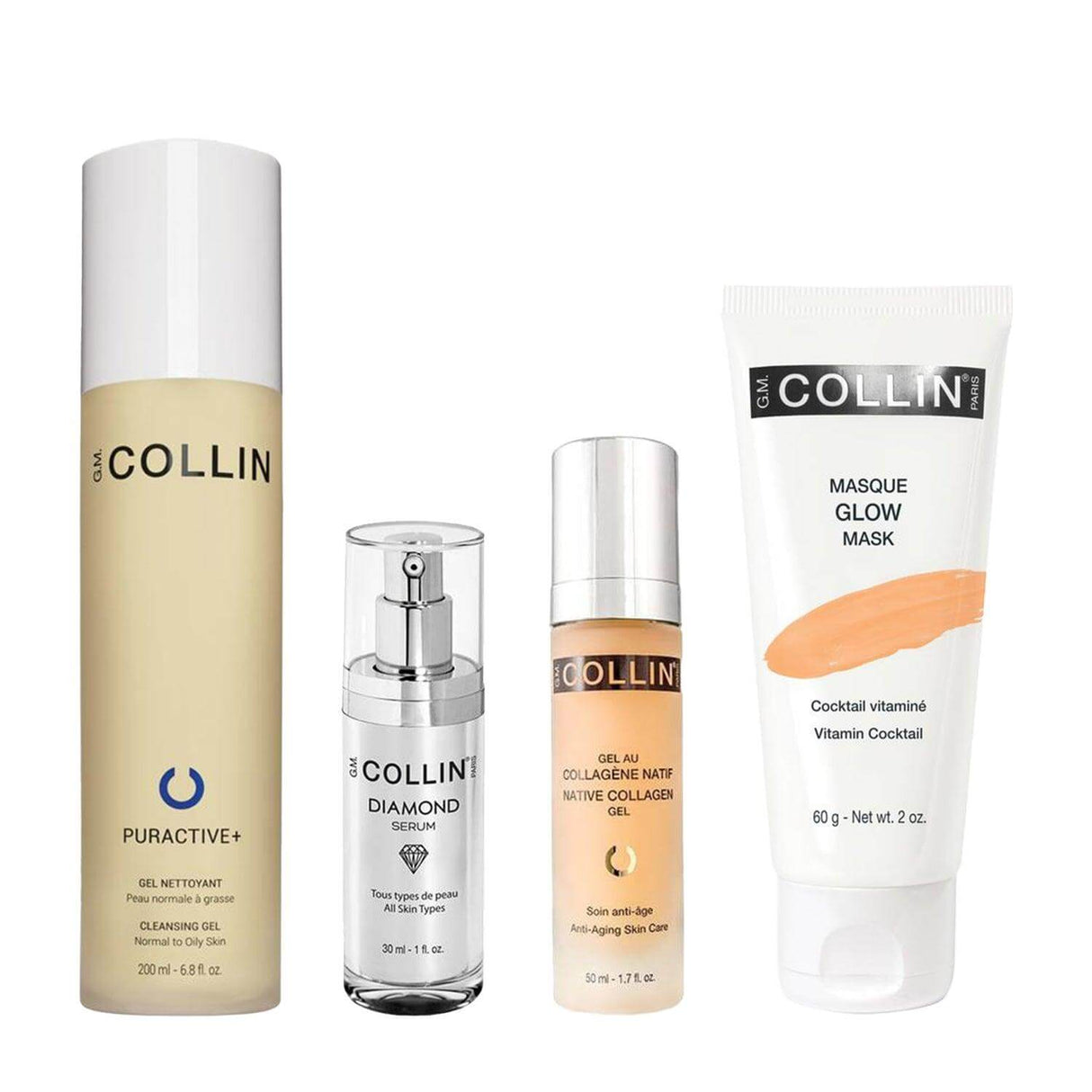 Brightening Bundle for Normal/Combo Skin with Puractive+ Cleansing Gel, Diamond Serum, Native Collagen Gel, and Glow Mask.