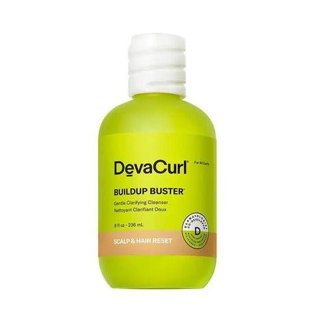 DevaCurl Buildup Buster Gentle Clarifying Cleanser bottle, for removing product buildup on curls, dermatologist co-developed.