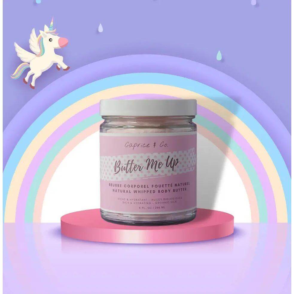 Alt Tag: Butter Me Up Campino Whipped Body Butter, 10 fl oz jar, strawberry milkshake scent, with organic butter and aloe vera for hydration