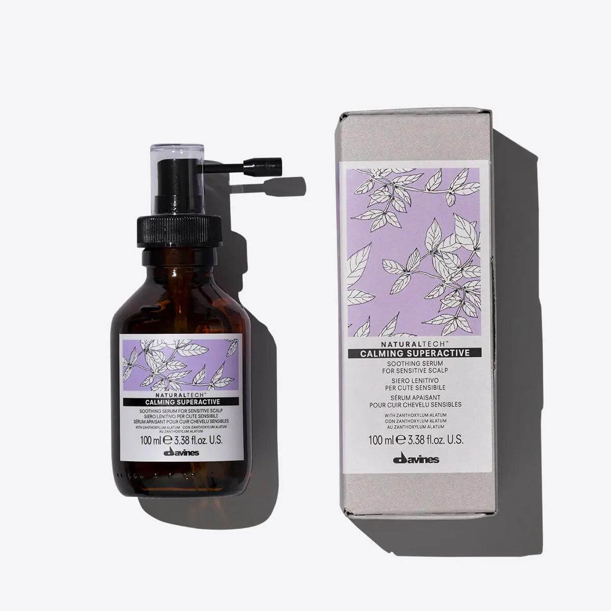 Calming Superactive serum bottle and packaging for soothing sensitive skin, reduces redness and irritation with natural ingredients.