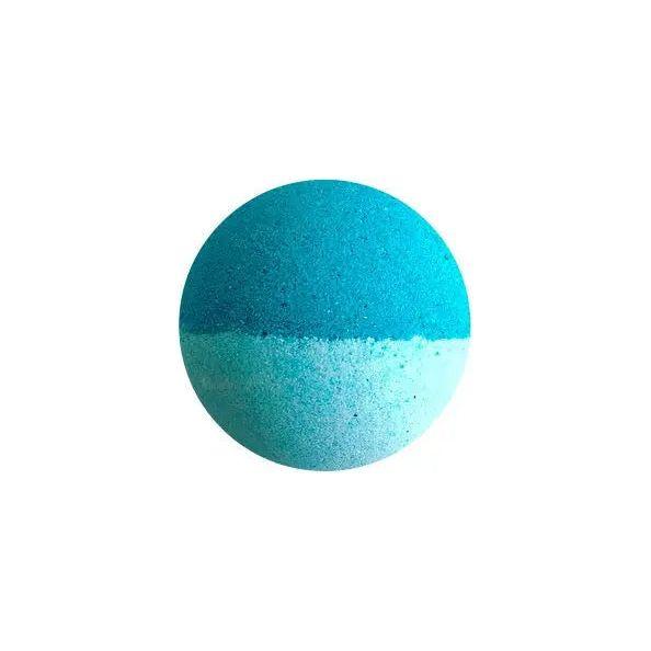 Calypso Bath Bomb in blue tones, XL size 7oz, with aloe and cucumber fragrance; enhances bath with soothing skin benefits and relaxation.