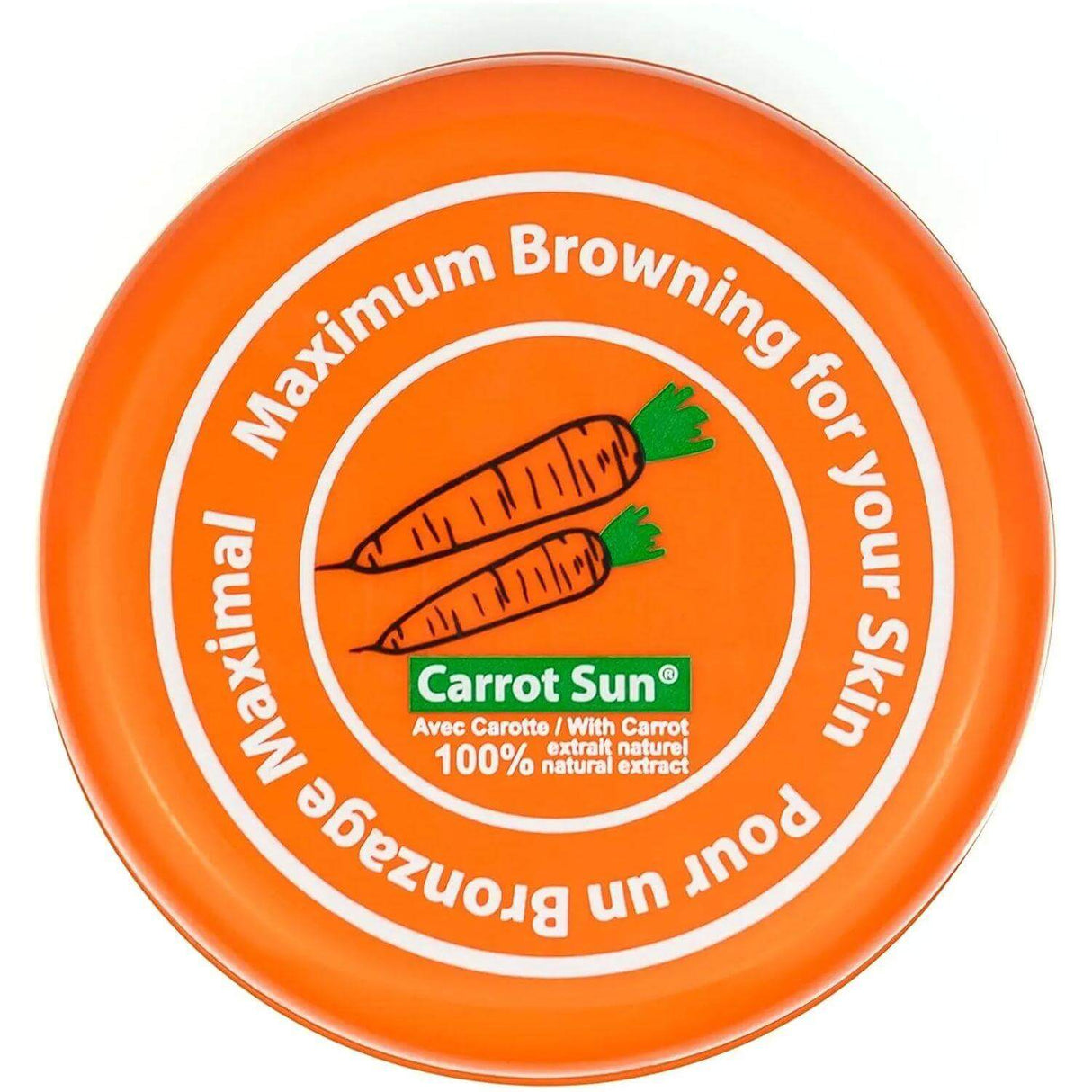 Carrot Sun tan accelerator cream with natural carrot extract for maximum browning and deep tan in an orange container.