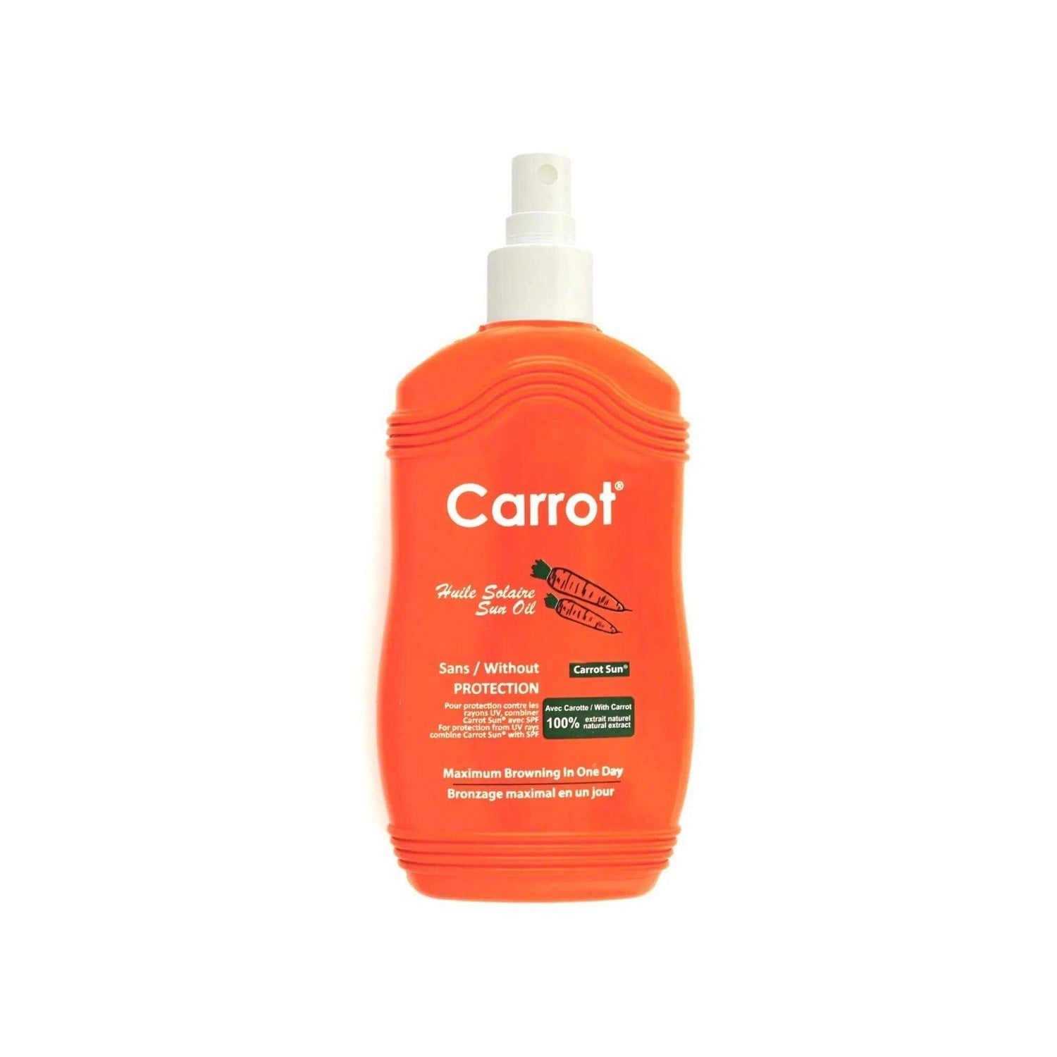 200ml Carrot Spray Oil bottle for tanning with natural accelerators and henna, ideal for olive or fair skin with base tan.