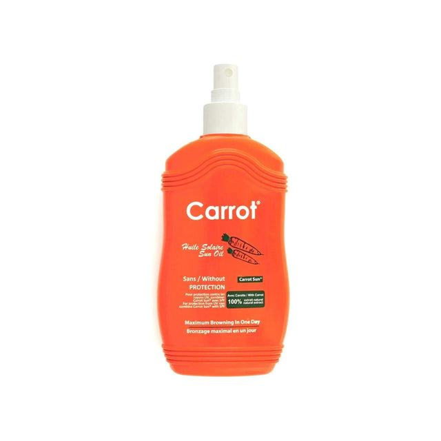 200ml Carrot Spray Oil bottle for tanning with natural accelerators and henna, ideal for olive or fair skin with base tan.
