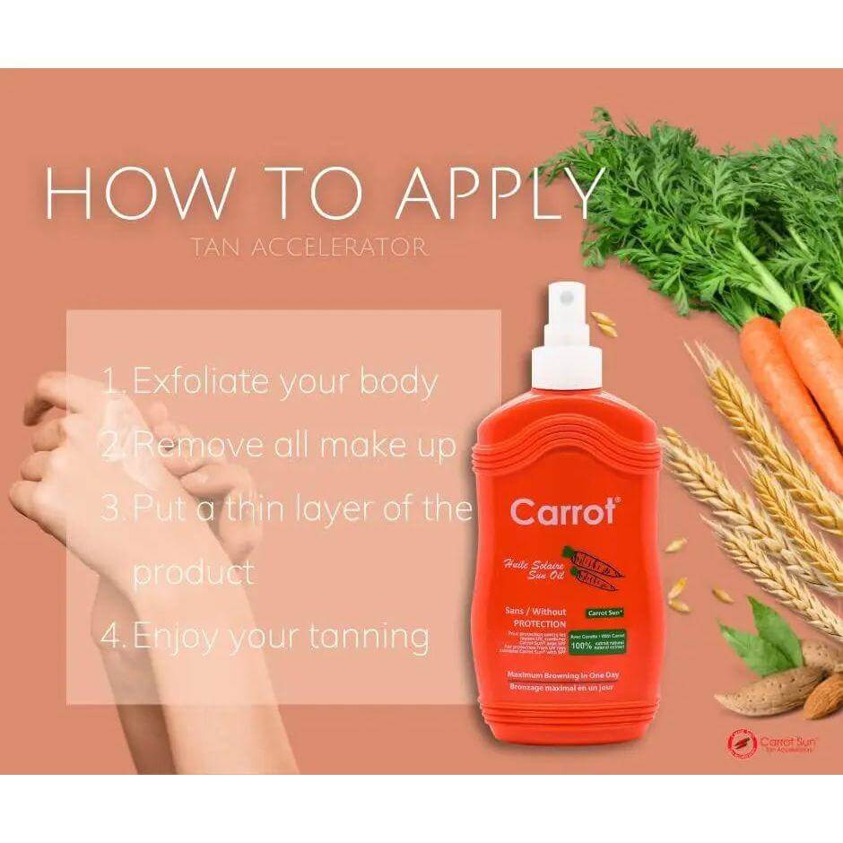 Carrot Spray Oil with application steps for achieving a deep tan, featuring natural tan accelerators and suitable for sun exposure.
