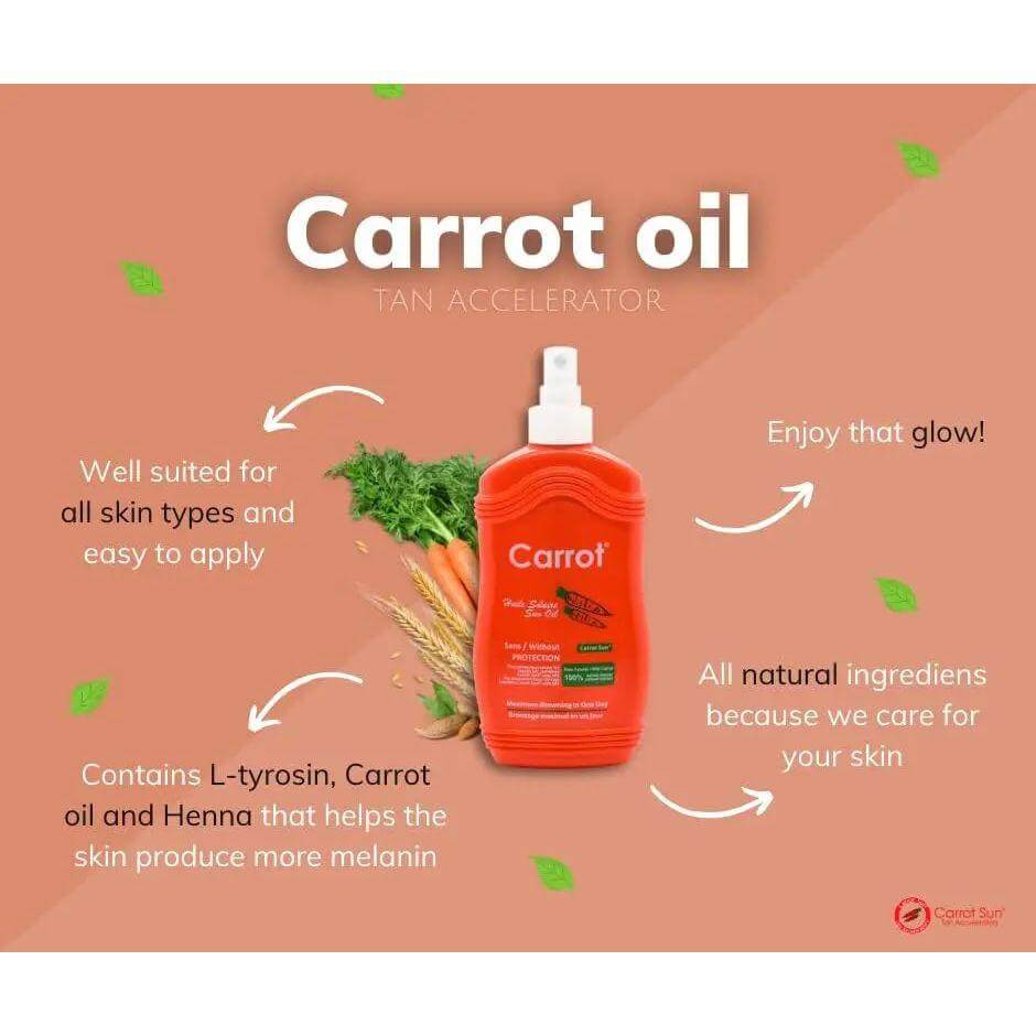 Carrot Spray Oil tan accelerator with natural L-Tyrosine for enhancing skin tan, 200ml bottle, ideal for all skin types.