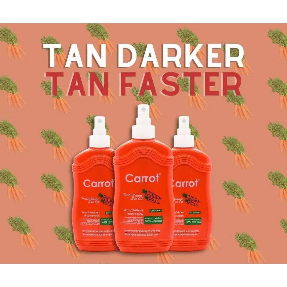 Carrot Spray Oil bottles with "Tan Darker, Tan Faster" text, promoting a deep tan with natural tan accelerators.