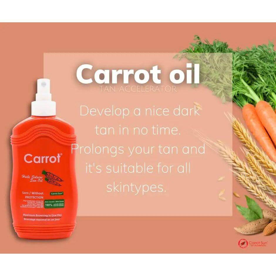 Carrot Spray Oil bottle with product details, surrounded by carrots and grains, promoting tan acceleration and skincare benefits.