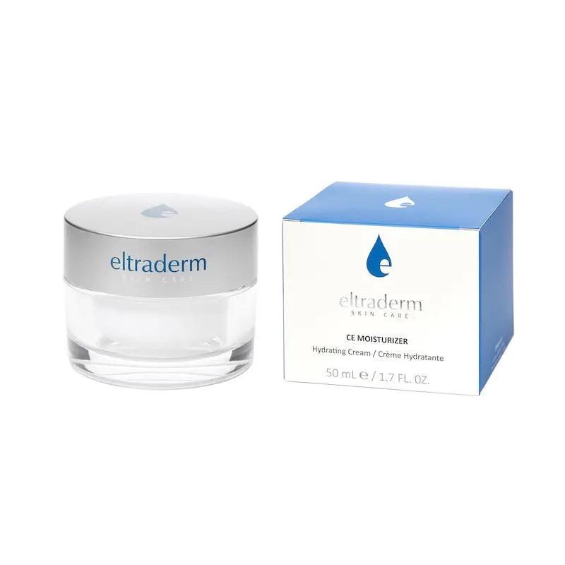 Eltraderm CE Moisturizer jar and box featuring hyaluronic acid, vitamins C & E for hydration and antioxidant protection.