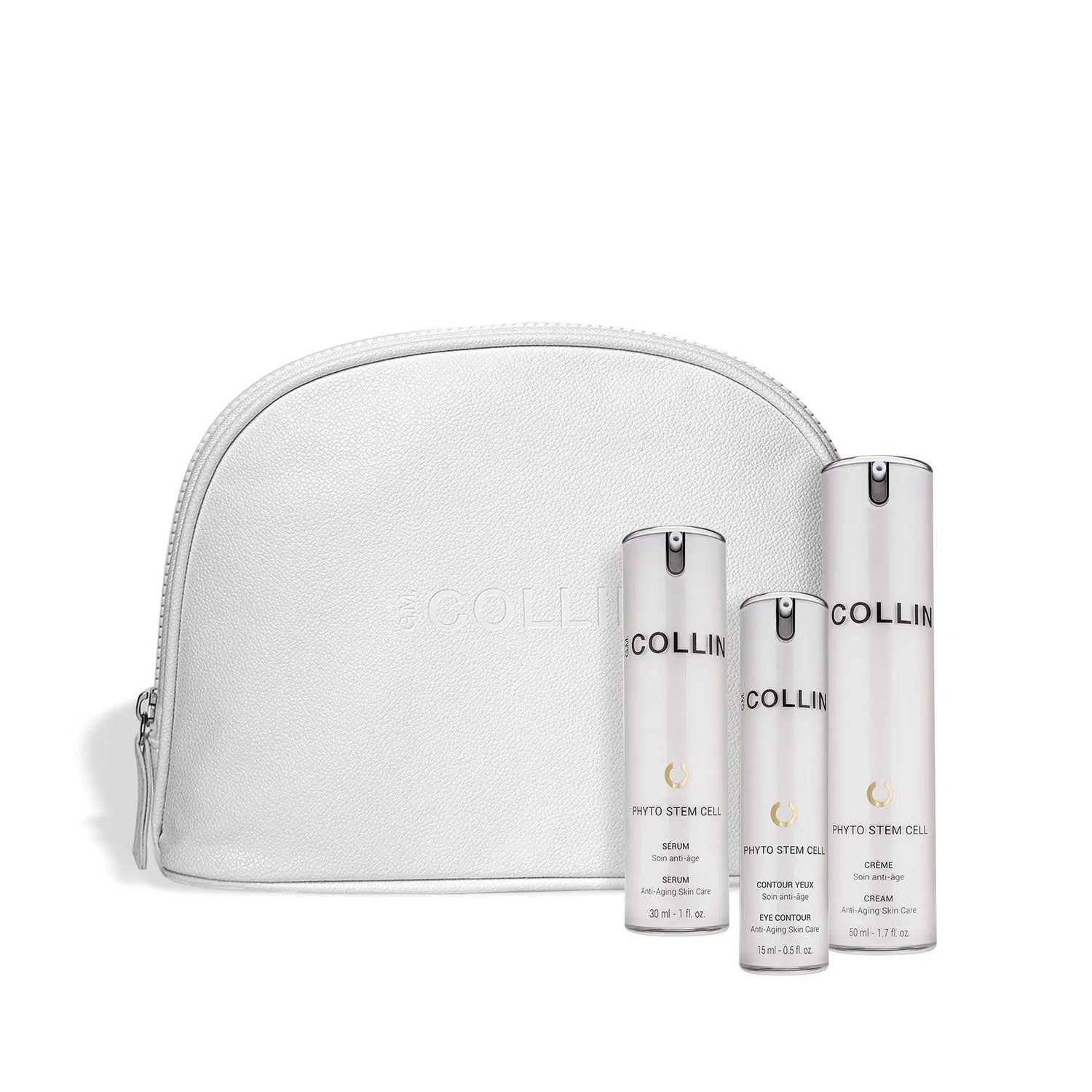 Cell-ebration Time anti-aging set with Phyto Stem Cell Serum, Cream, Eye Contour, and vegan leather pouch, valued at $420.