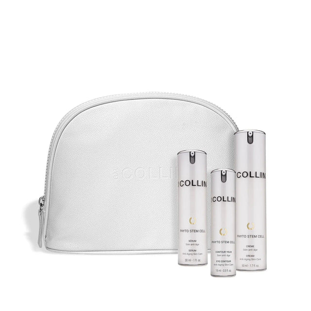 Cell-ebration Time anti-aging set with Phyto Stem Cell Serum, Cream, Eye Contour, and vegan leather pouch, valued at $420.