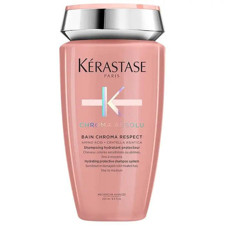 Kerastase Chroma Absolu Bain Chroma Respect shampoo for fine to medium damaged color-treated hair in a pink bottle.