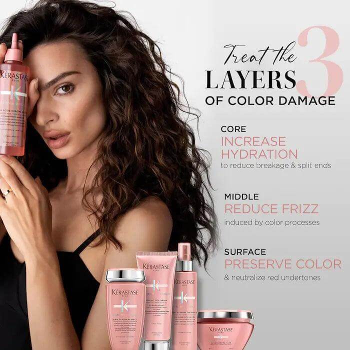 Model with curly hair holding Chroma Absolu product next to Kerastase hair care line, highlighting hydration, frizz control, and color preservation.