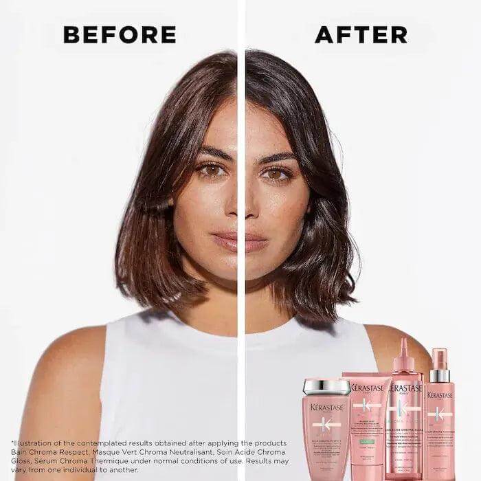 Before and after comparison of hair color vibrancy using Kérastase Chroma Absolu Bain Riche Chroma Respect products.
