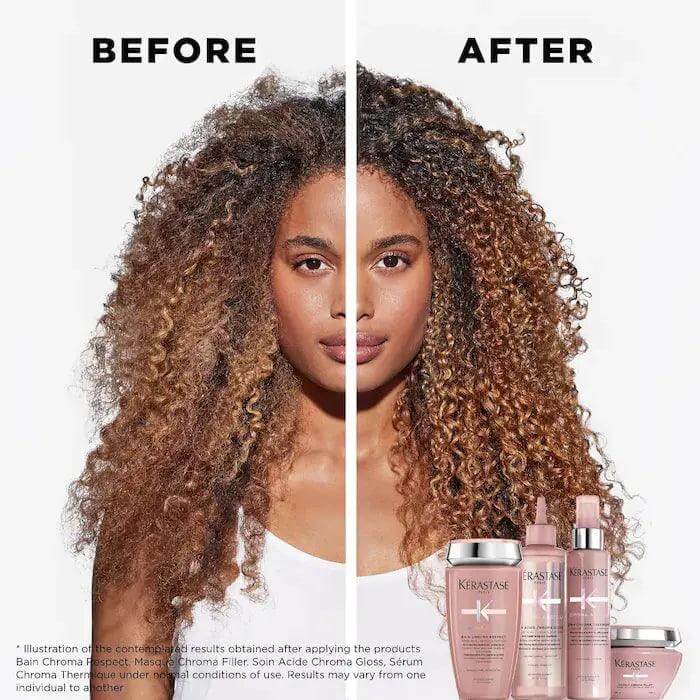 Before and after image showing the effect of Kérastase Chroma Absolu Bain Riche on color-treated curly hair with product bottles.