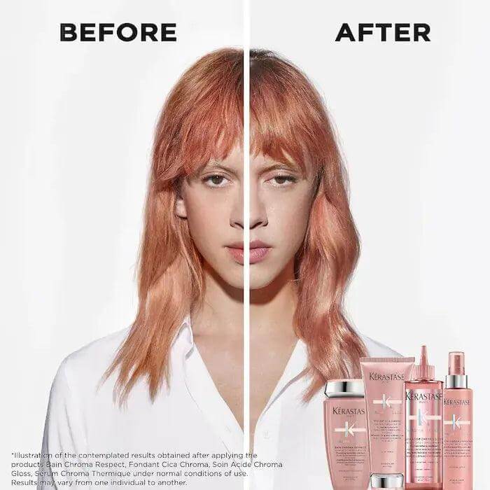 Before and after using Kérastase Chroma Absolu Bain Riche Chroma Respect shampoo for color-treated hair.