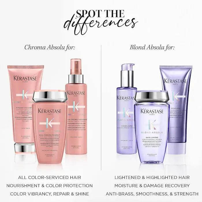 Kérastase Chroma Absolu and Blond Absolu hair products for color protection and lightened hair care.