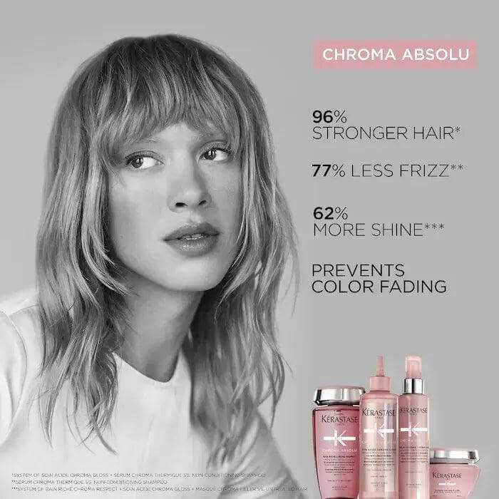 Woman with Kérastase Chroma Absolu products claiming stronger hair, less frizz, more shine, and color fading prevention.