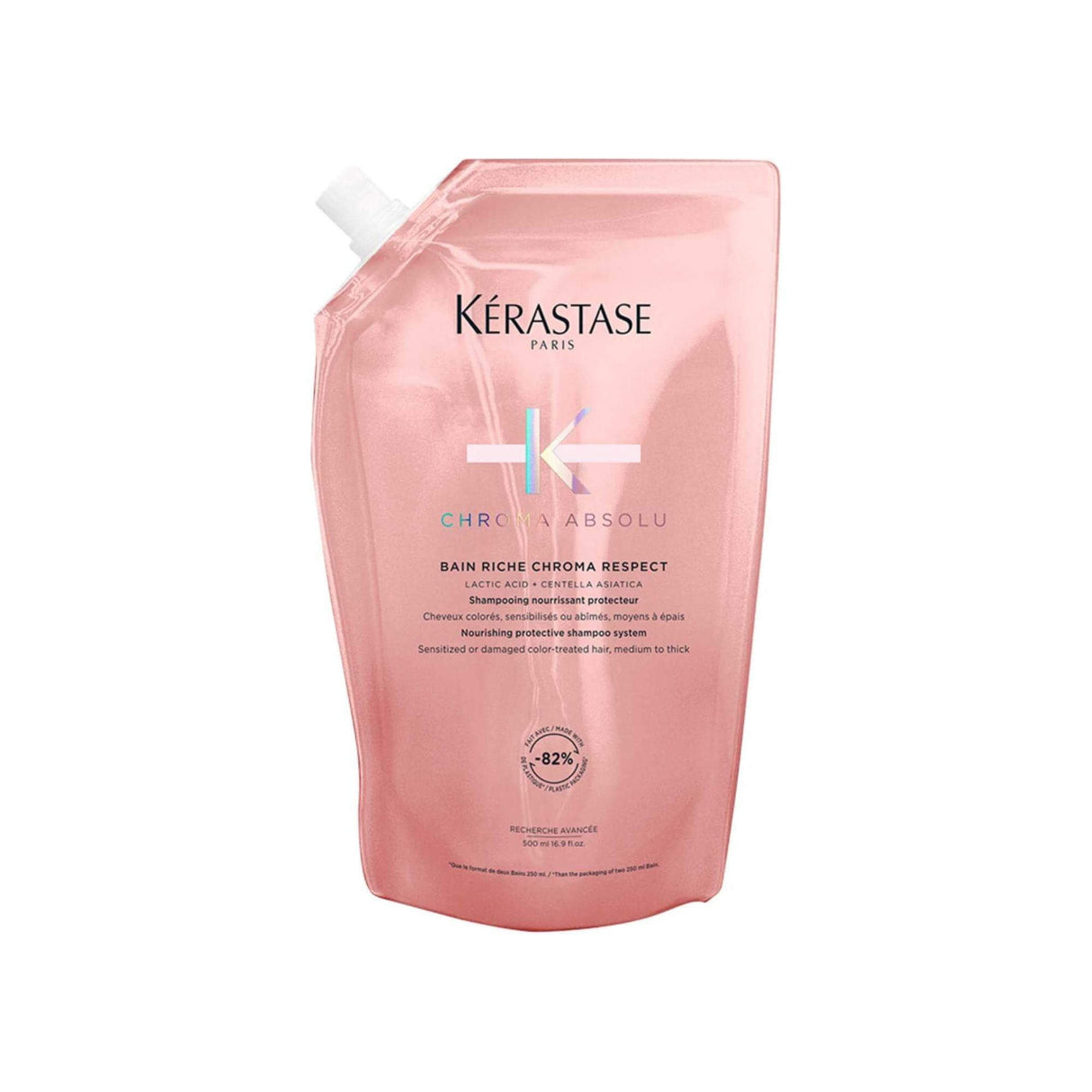 Kérastase Chroma Absolu Bain Riche Chroma Respect Shampoo Refill Pouch in pink packaging.