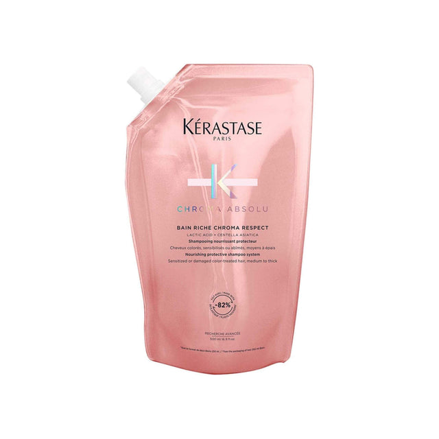 Kérastase Chroma Absolu Bain Riche Chroma Respect Shampoo Refill Pouch in pink packaging.