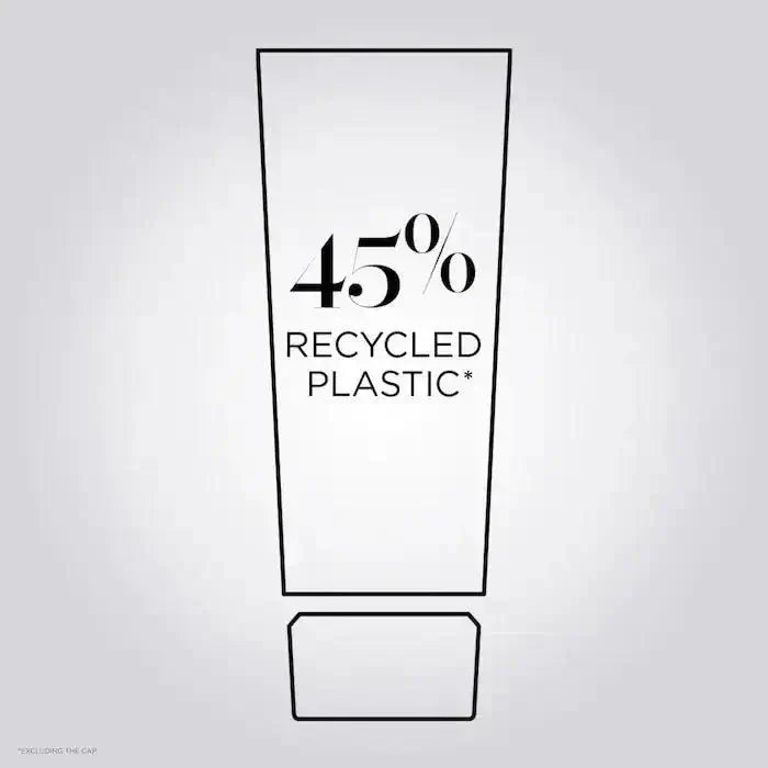 Graphic of a product tube outline with text '45% Recycled Plastic' indicating sustainable packaging.