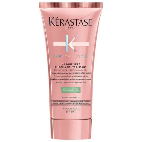 Kérastase Chroma Absolu hair mask neutralizes brassy tones in blonde, gray, and white hair, suitable for all textures.